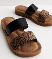 New Look Wide Fit Stone Leopard Print Footbed Sliders